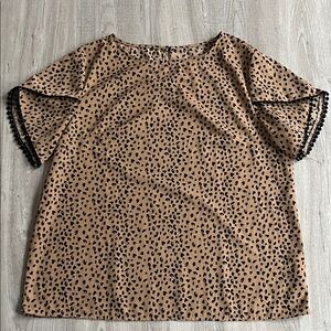 Leopard Cheetah Print Women's Short Sleeve Top Blouse Pom Pom Detailing